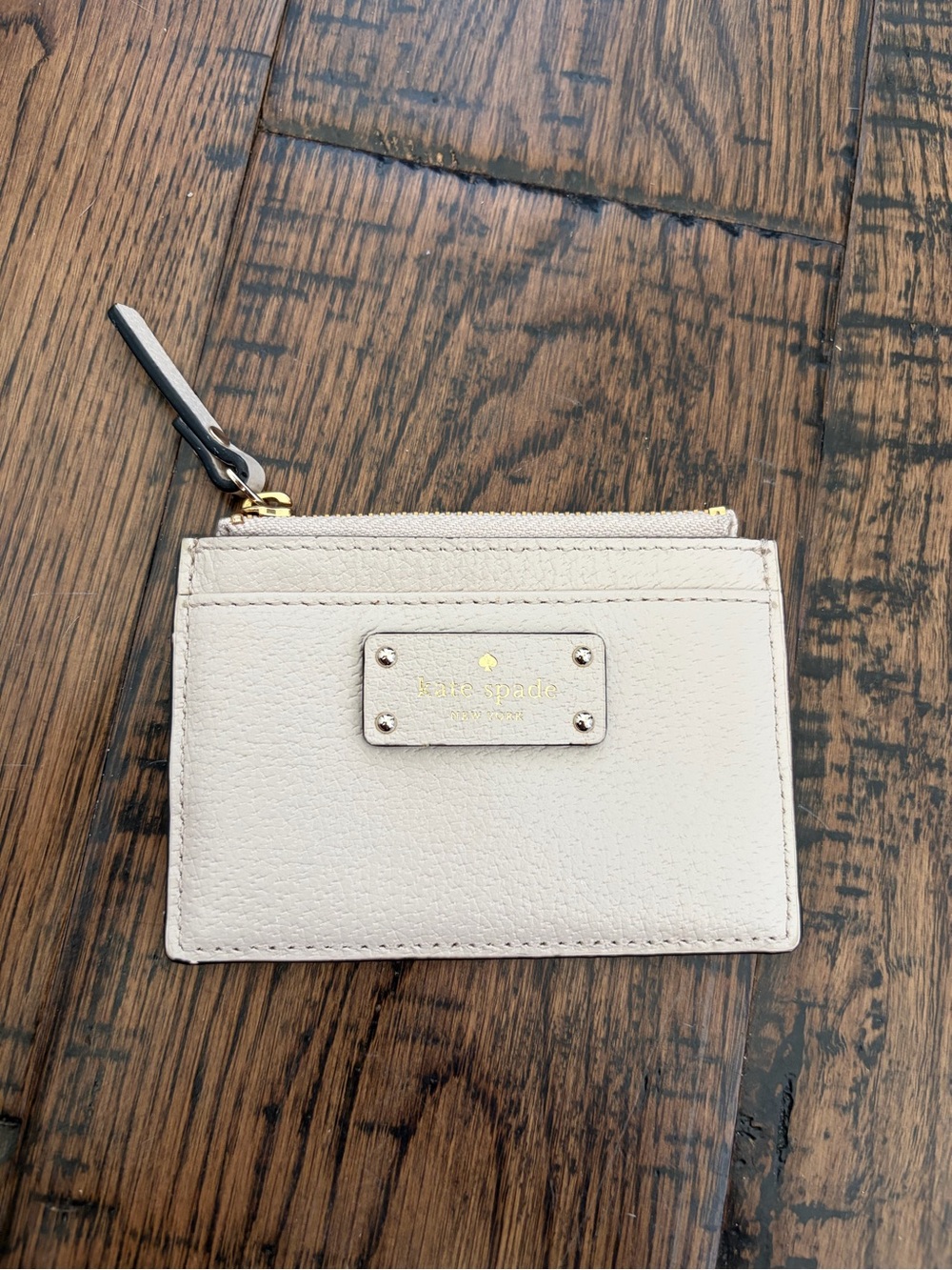 Kate Spade Cream Leather Zip Card Pouch with Gold Hardware